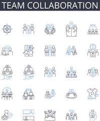 Team collaboration line icons collection. Group cooperation, Joint effort, Mutual support, Combined action, Collective contribution, Unified endeavor, Collaborative work vector and linear illustration