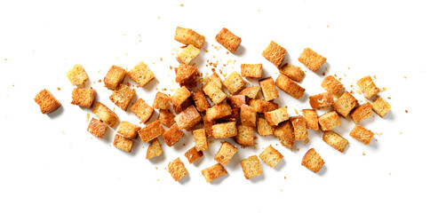 Homemade crunchy croutons flavored with parmesan cheese isolated on white background, top view