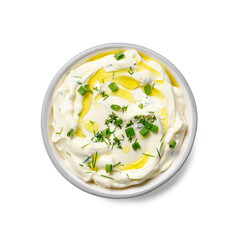 Bowl of sour cream sauce with herbs and olive oil isolated on white background, top view - 600043122
