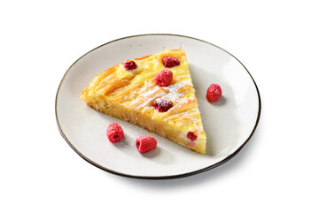 Slice of Fresh baked sweet Filo Pastry pie with raspberry and powdered sugar. isolated on white background	