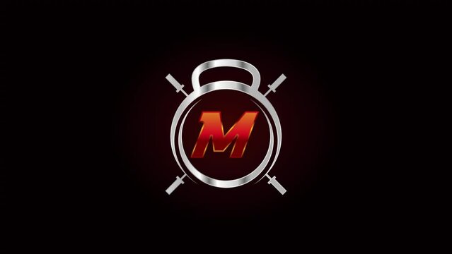 English alphabet M with gym and fitness sign logo video animation