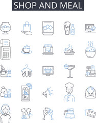 Shop and meal line icons collection. hop, Store, Boutique, Market, Emporium, Outlet, Establishment vector and linear illustration. Bazaar,Mart,Retailer outline signs set