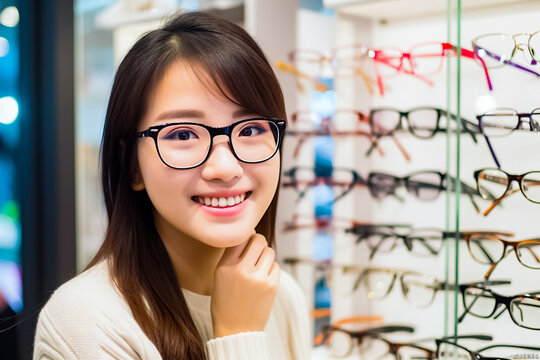An image from the 2000s shows an Asian teenager trying on glasses at an eyewear store. generative AI