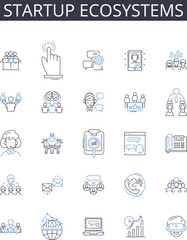 Startup Ecosystems line icons collection. Business Nerks, Entrepreneurial Ecosystems, Innovation Hubs, Corporate Communities, Venture Landscapes, Industrial Clusters, Trade Alliances vector and linear