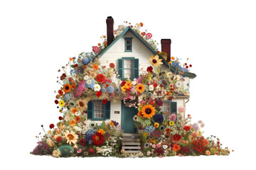 Small house overflowing with a lot of flowers, very beautiful isolated objects, design elements PNG