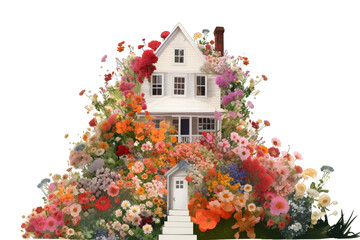 Fototapeta na wymiar Small house overflowing with a lot of flowers, very beautiful isolated objects, design elements PNG