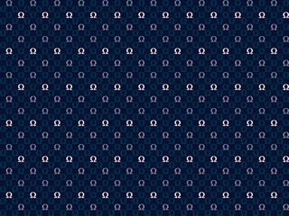Abstract omega symbol seamless pattern. Gray, blue n light pink element on navy blue background. For male masculine cloth ladies dress silk scarf fabric apparel textile garment cover pants skirt hat
