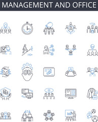 Management and office line icons collection. Marketing and advertising, Sales and promotion, Customer service and satisfaction, Research and development, Financial management and planning, Human