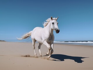 Obraz na płótnie Canvas White stallion in gallop on the beach. Animal in motion. Generative ai.
