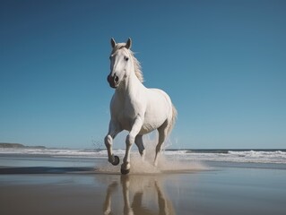 White stallion in gallop on the beach. Animal in motion. Generative ai.