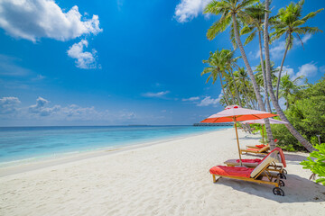 Beautiful amazing beach with umbrellas and lounge chairs beds turquoise sea palm trees, sunny sky....