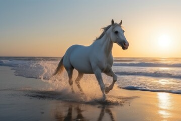 Obraz na płótnie Canvas White stallion in gallop on the beach at sunset. Animal in motion. Generative ai.