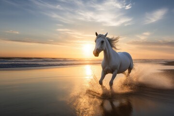 Fototapeta na wymiar White stallion in gallop on the beach at sunset. Animal in motion. Generative ai.