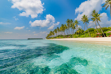 Beautiful island nature landscape. Best tropical beach landscape. Fantastic summer coast, vacation destination, palm trees, white sand, sunny sky. Freedom travel, amazing sea bay lagoon paradise shore