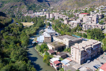 Aerial view of Alaverdi town on sunny summer day. Alaverdi, Lori Province, Armenia.