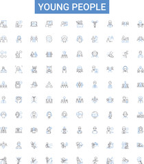 Young people outline icons collection. Youth, teens, adolescents, youngsters, juveniles, millennials, Gen-Z vector illustration set. preschoolers,, line signs