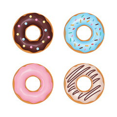 Donuts. Collection of donuts with multicolored glaze. A set of sweet donuts. Sweet dessert. Fast food. Vector illustration isolated on a white background