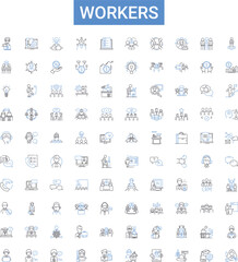 Workers outline icons collection. Employees, Laborers, Operatives, Staff, Personnel, Artisans, Workers vector illustration set. Hands, Craftsmen, Toilers line signs