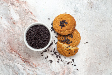 top view yummy sugar cookies from sand dough on white background biscuit tea cookies sweet cake