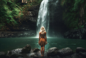 young woman looking at a waterfall