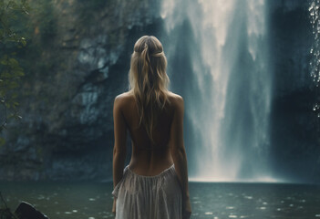 woman in the water looking at a waterfall