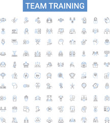 Fototapeta na wymiar Team training outline icons collection. Team-building, Collaboration, Education, Coaching, Facilitation, Accountability, Motivation vector illustration set. Communication, Productivity, Feedback line