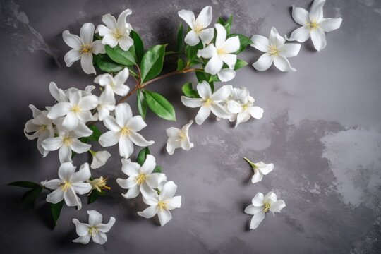 White flowers on concrete gray background. Flat lay top view. Spring concept. Generative ai. 