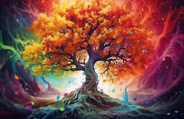 3d abstraction wallpaper for interior mural wall art decor, a tree surrounded by many colorful leaves,