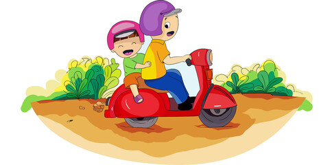 Father and son riding scooter cartoon isolated