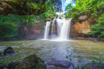 Beautiful waterfall with sunlight in jungle, Haew Suwat Waterfall at khao yai Nakhonratchasima province