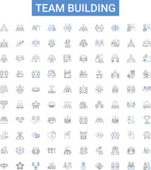 Team building outline icons collection. Teamwork, Collaboration, Communication, Bonding, Trust, Confidence, Creativity vector illustration set. Goal-setting, Problem-solving, Networking line signs
