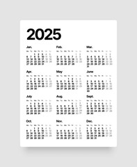 Annual calendar template for 2025 year. Week Starts on Monday. Business calendar in a minimalist style for 2025 year.