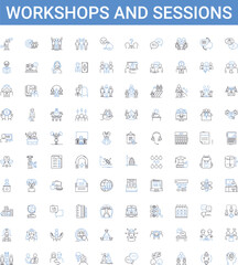 workshops and sessions outline icons collection. workshops, sessions, training, development, learning, education, skills vector illustration set. knowledge, networking, collaboration line signs