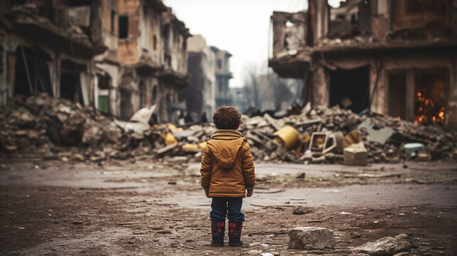 A child alone looks at a ruined city. Created with Generative AI tools