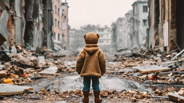 A child looks at a bombed-out city after the war. Created with Generative AI tools