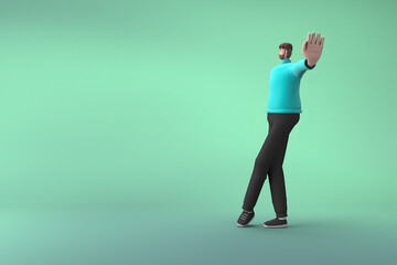 Fototapeta na wymiar Man in casual clothes making gestures while talking. 3D rendering of a cartoon character