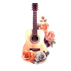 Acoustic guitar with flowers watercolor PNG sublimation. AI generative country music lover isolated illustration
