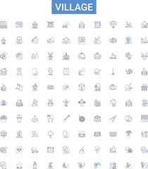 Village outline icons collection. Village, settlement, hamlet, township, rural, homestead, suburban vector illustration set. countryside, town, populace line signs