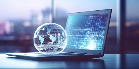 Laptop and Blue globe for global digital business and online communication. Generative AI illustrations