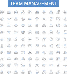 Fototapeta na wymiar Team management outline icons collection. Teamwork, Cooperation, Organization, Leadership, Planning, Processes, Communication vector illustration set. Delegation, Coordination, Collaboration line