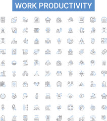 Work productivity vector line icons set. Efficiency, Productivity, Quality, Output, Results, Accomplishments, Proficiency illustration outline concept symbols and signs