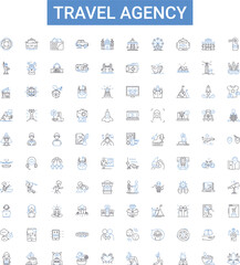 Travel agency outline icons collection. Travel, Agency, Tour, Vacation, Trip, Holiday, Explore vector illustration set. Sightseeing, Package, Leisure line signs