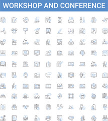 Workshop and conference outline icons collection. workshop, conference, training, development, learning, education, skills vector illustration set. knowledge, networking, collaboration line signs