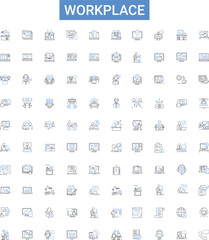 Workplace outline icons collection. Job, Office, Building, Desk, Employee, Team, Environment vector illustration set. Supervisor, Floor, Meeting line signs