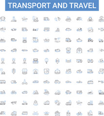 Transport and travel outline icons collection. Logistics, Planes, Boats, Trains, Roads, Ridesharing, Buses vector illustration set. Autos, Taxis, Cabs line signs
