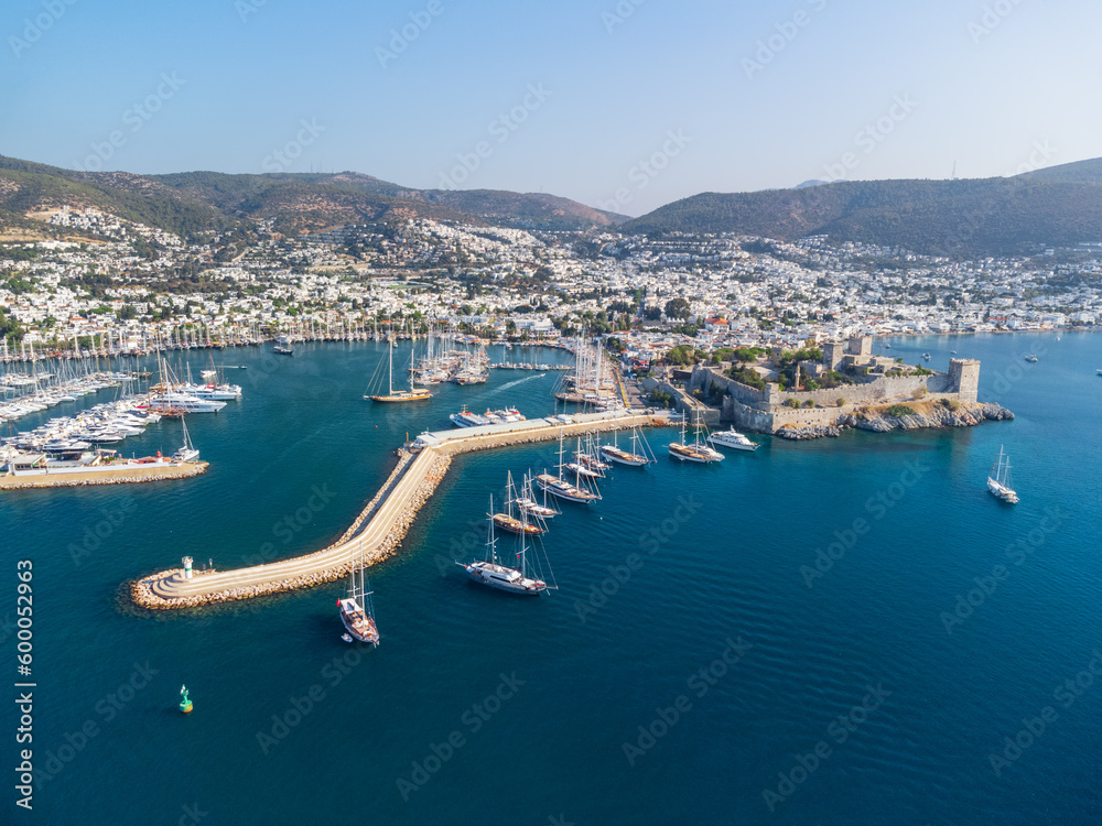 Poster awesome aerial view of bodrum marina and bodrum castle, turkey