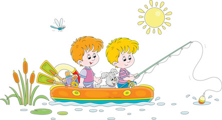 Funny little boys with their merry puppy floating in an inflatable boat with a fishing-rod and catching fishes in a pretty lake on a sunny summer day, vector cartoon illustration isolated on white
