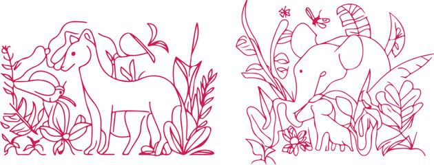 Naklejka premium Se of Flora and Fauna Elements line art vector 