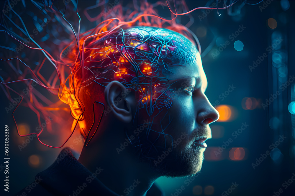 Wall mural profile of a male head connected by neurons to a computer processor server using connections abstrac