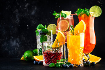 Popular summer cocktail drinks set: negroni, blueberry mojito, screwdriver, hurricane and french...
